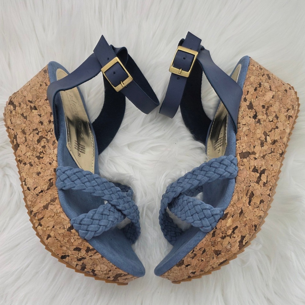 Braided Cork Wedge Sandals Wmns Size 8/25 Blue LIGHT WEIGHT Ankle Strap Platform